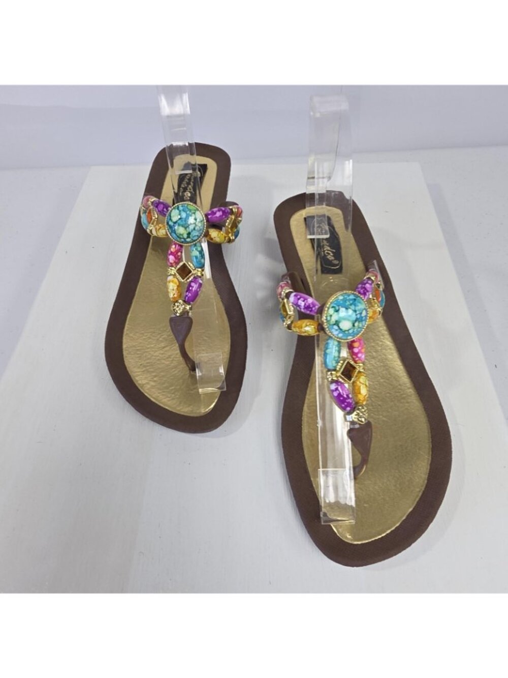 Grandco Sandals Womens Size 8 Multicolor Beaded Jeweled Wedge Thong Shoes - Picture 2 of 11